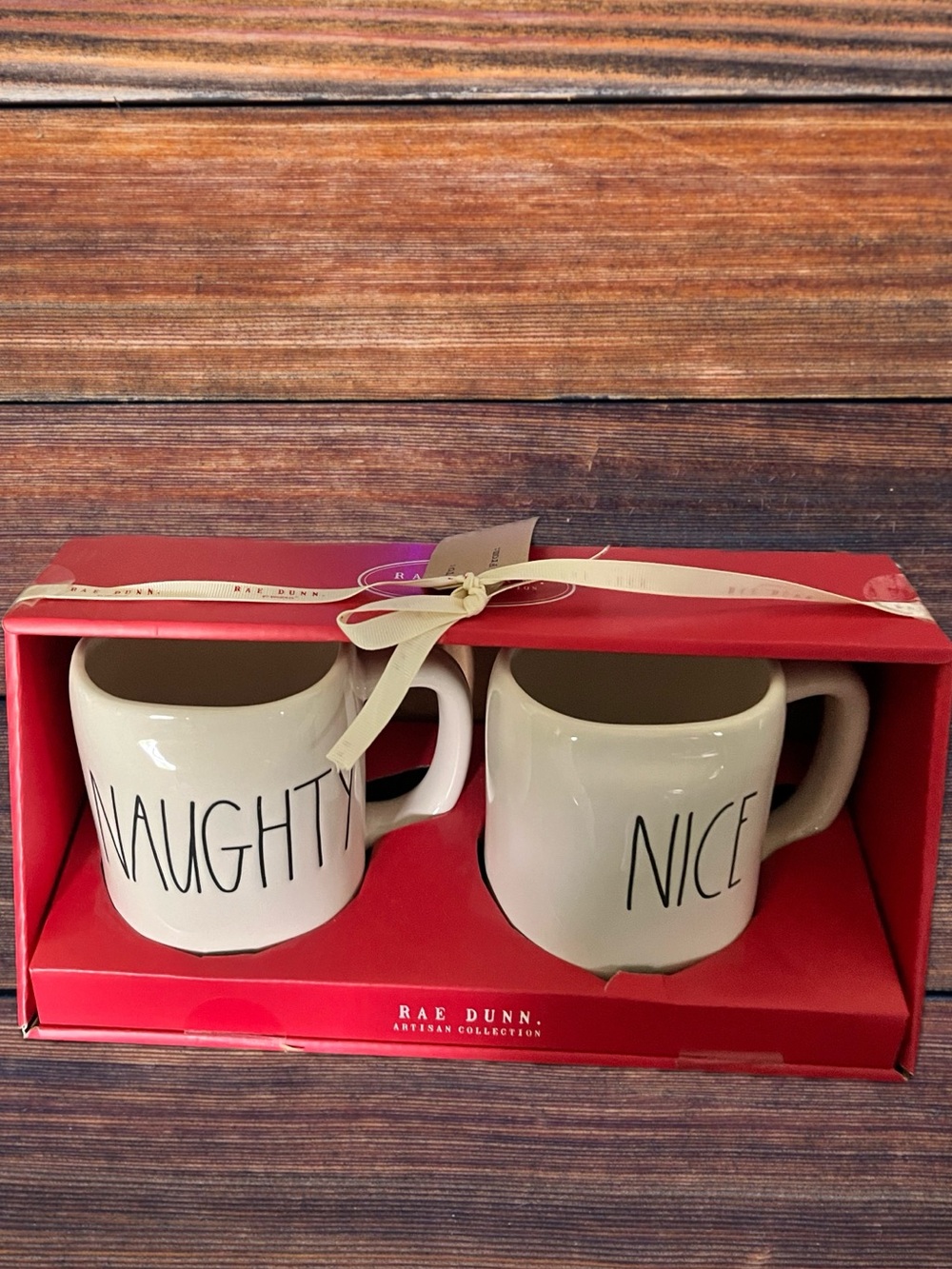 NIB Rae Dunn 'Naughty' & 'Nice' Ceramic Holiday Mug Set